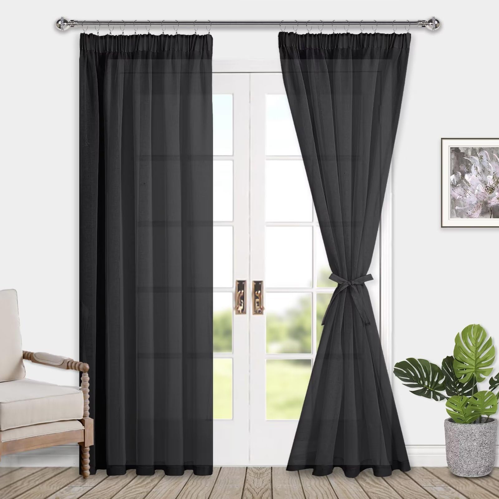 Sheer Curtains with Tiebacks, Set of 2 Panels